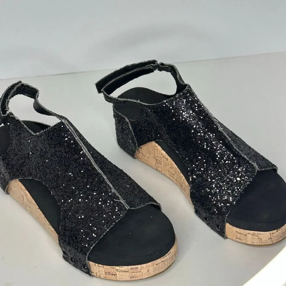 Black Glitter Wedges Sparkly Sandal | Women Size 7.5